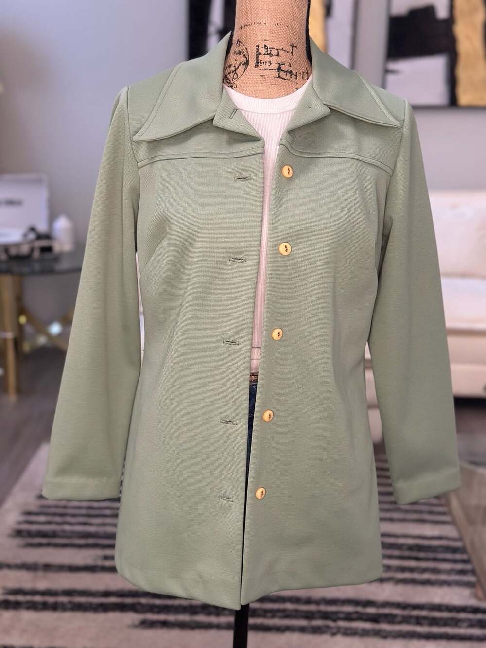 Vintage Sage Green Textured Button Up Jacket